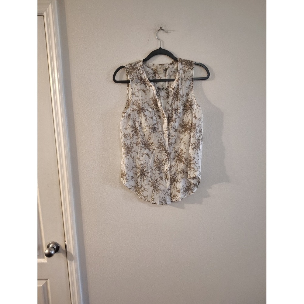 Lucky Brand Womens Small White Brown Floral Sleeveless Button Down Blouse Top
